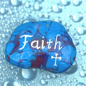 Marbled Faith with Cross, Religious Stone Art, Hand Painted Rock