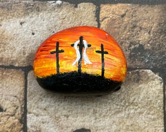 Sunset on the Hill of Three Crosses, He is Risen, Religious Easter Painted Rock, Stone Painting