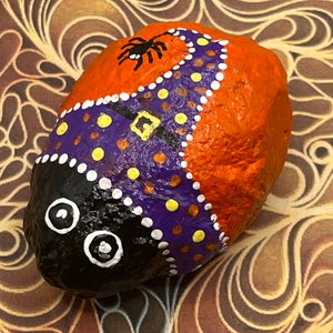 Dot Witch Hat with Spider Ladybug, Halloween Decor, Hand Painted Rock, Pebble Art, Stone Painting