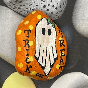 Cute Ghost with Bow, Trick or Treat, Halloween Decor, Hand Painted Rock