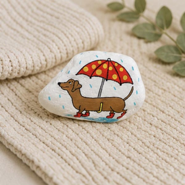 Dachshund in Rain Boots Painted Rock, Wiener Dog Gift, Doxie Lover Decor, Spring Dog Shelf Sitter, Handmade Painted Stone