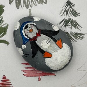 Whimsical Penguin Juggling Snowballs, Winter Painted Rock, Stone Painting
