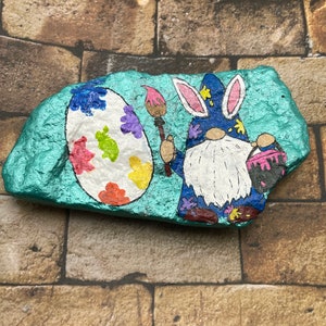 Painting Easter Bunny Gnome, Egg-Spress Yourself, Spring Decor, Painted Rock, Stone Painting