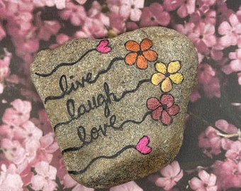 Live Laugh Love with Flowers, Glitter Painted Rock, Kindness Rock, Stone Art
