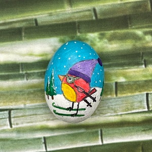 Whimsical Winter Snow Bird Skiing, Painted Pebble Artwork, Stone Rock Painting