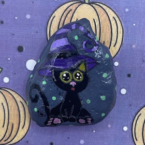 Black Cat With Witch Hat, Hand Painted Rock, Halloween Decoration, Pebble Art, Stone Painting