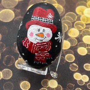 Snowman with Red Hat and Scarf, Winter Painted Rock, Christmas Stone Painting