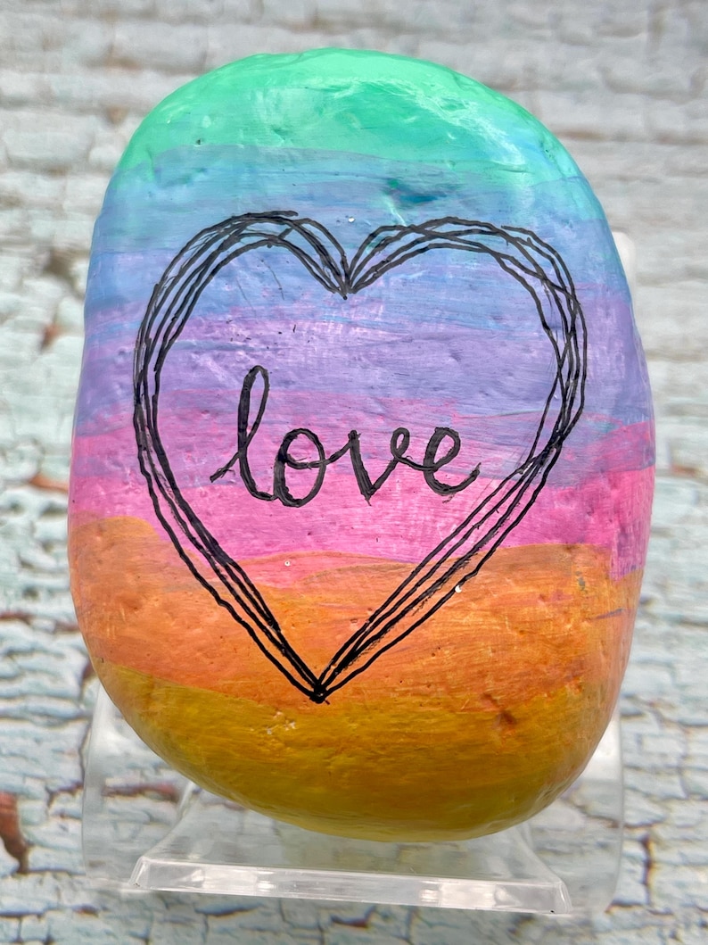 Rainbow Love Painted Rock, Heart Art Stone, Colorful Inspirational Gift, Handmade Love Decor, Gift image 4