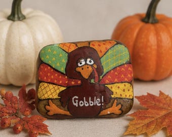 Gobble Thanksgiving kalkoen geschilderde rots, grillig herfstoogstdecor, handgeschilderd herfstcadeau plankoppas