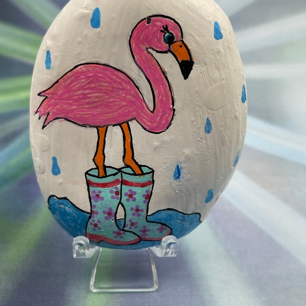 Flamingo Wearing Rain Boots, When Life Gives You Rainy Days Wear Cute Boots and Jump in the Puddles, Spring Painted Rock, Stone Art