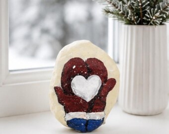 Snow Heart Painted Rock, Winter Love Decor, Valentine Shelf Decor, Snowball Heart Art, Hand Painted Stone Gift