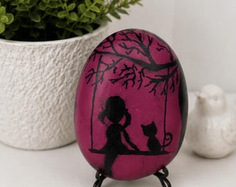Girl and Cat on Swing Painted Rock, Moon Silhouette Art, Cat Lover Gift, Nature Shelf Decor, Hand Painted Stone Art