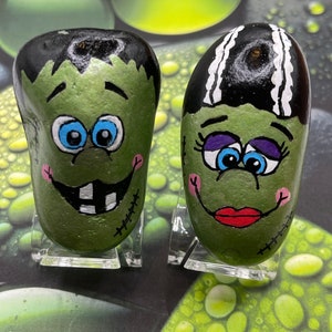 Whimsical Frankenstein and Bride Pair, Hand Painted Rocks, Halloween Decoration, Stone Painting