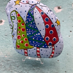 Whimsical Christmas Trees, Winter Blue Christmas Decor, Painted Rock, Pebble Art