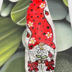 Whimsical Girl Gnome with Ladybug and Flowers, Painted Rock, Pebble Art, Stone Painting