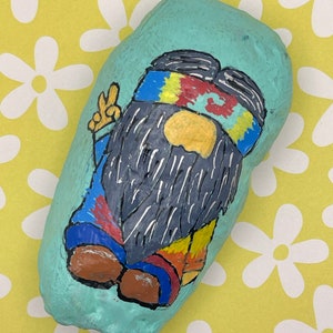 Hippie Flower Child Gnome, Peace, Painted Rock, Stone Painting Art