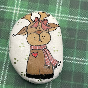 Christmas Reindeer with Bow and Scarf, Painted Rock, Holiday Winter Decoration, Stone Painting