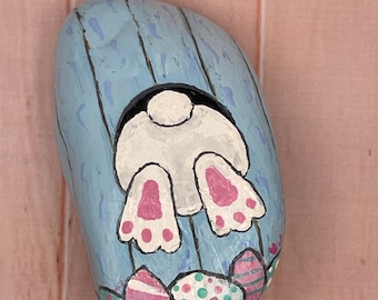 Easter Bunny Peeking Through Hole Front and Back, Easter Eggs, Painted Rock, Stone Art