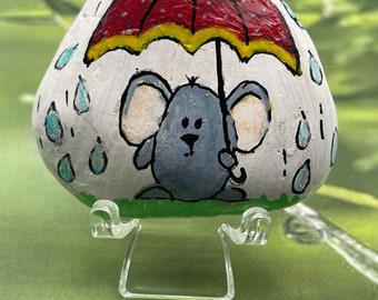 Mouse Holding Umbrella, Life is About Dancing in the Rain, Spring Painted Rock, Stone Art