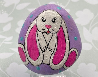 Long Floppy Ear Bunny on Purple, Easter Decor, Spring Painted Rock, Stone Painting