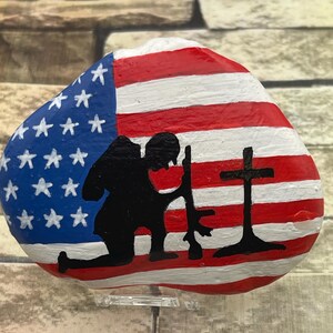 Praying Soldier Painted Rock, Patriotic Christian Decor, American Flag ...