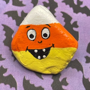 Cartoon Smiling Teeth Face Candy Corn, Hand Painted Rock, Fall Art, Halloween Art, Pebble Stone Painting