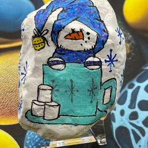 Hot Chocolate is Like A Hug From the Inside Snowman in Hot Cocoa Mug, Winter Painted Rock, Kindness Rock
