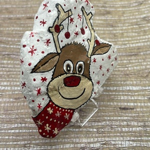 Christmas Reindeer Rudolph, Painted Rock, Holiday Winter Decor, Stone ...