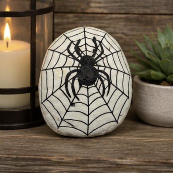 Glow in the Dark Spider Web Painted Rock, Halloween Spider Decor
