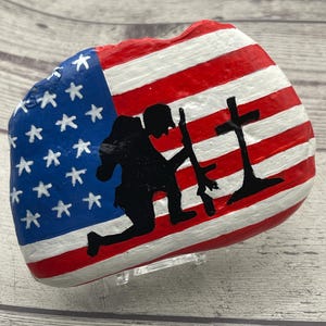 Praying Soldier Painted Rock, Patriotic Christian Decor, American Flag ...