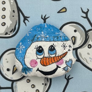 Cute Snowman with  Blue Snow Hat, Painted Rock, Winter Pebble Art, Kindness Rock