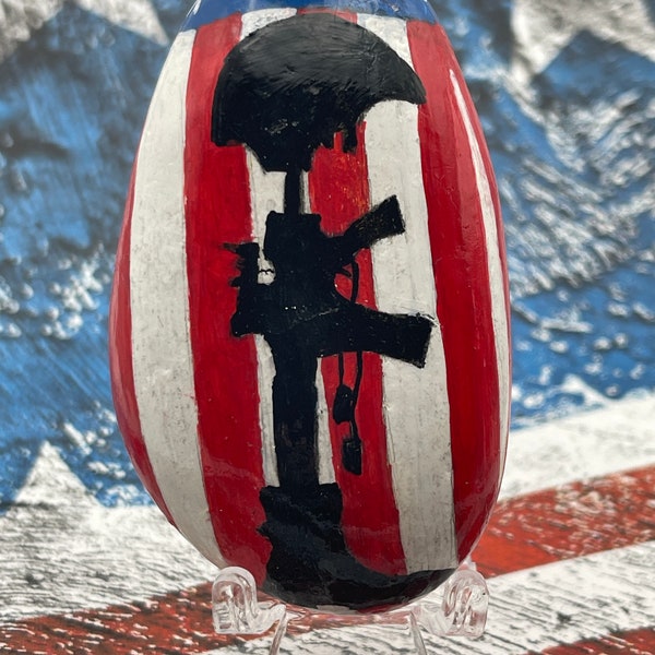 Silhouette Soldier Helmet on Gun and Boots with American Flag, Patriotic Painted Rock, Fallen Soldier
