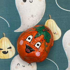 Smiling Face Cartoon Orange Pumpkin, Hand Painted Rock,  Fall Art, Halloween Art, Stone Painting