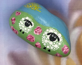 Spring Landscape Sheep and Flowers, Hello Spring, Dot Art, Painted Rock, Stone Painting