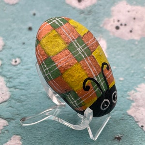 Plaid Yellow Green Orange Ladybug, Animal Art, Painted Rock, Stone Painting