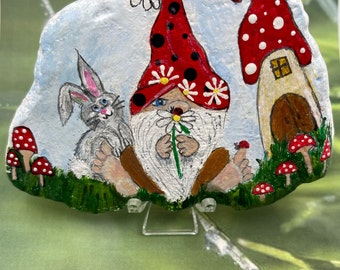 Spring Time Gnome with Rabbit and Toadstool Mushroom House, Spring Painted Rock, Stone Art