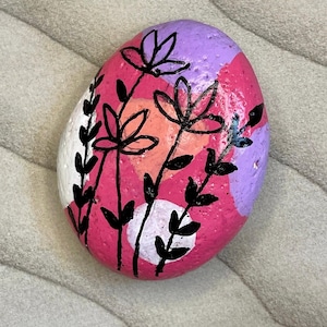 Abstract Boho Artwork, Botanical Nature Leaves and Flowers, Painted Rock, Kindness Rock