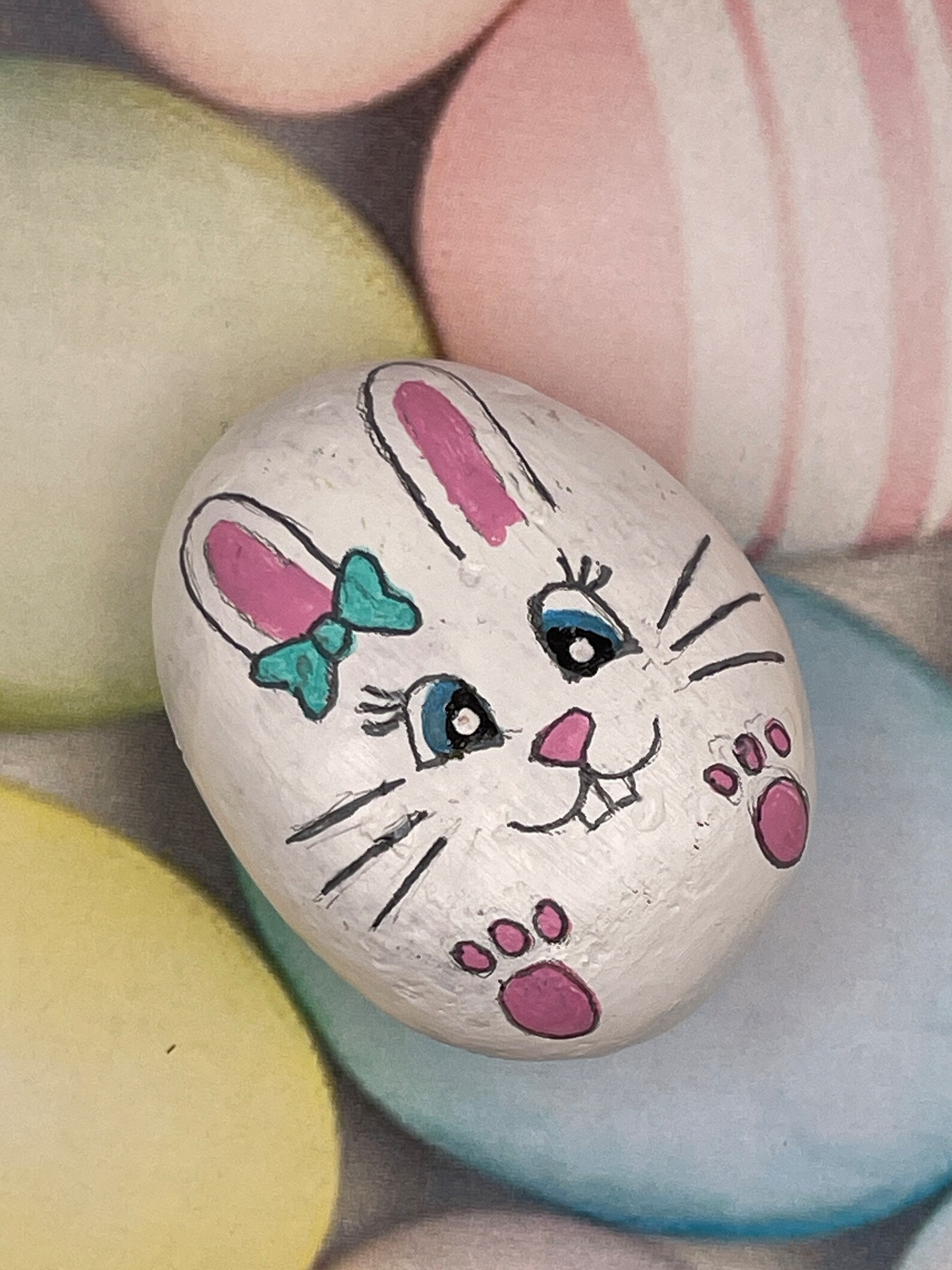 Hand Painted Easter Bunny Rock With Bow, Spring Garden Decor, Bunny ...