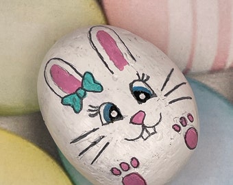 Cute Easter Bunny with a Bow, Easter Decor, Spring Painted Rock, Stone Painting