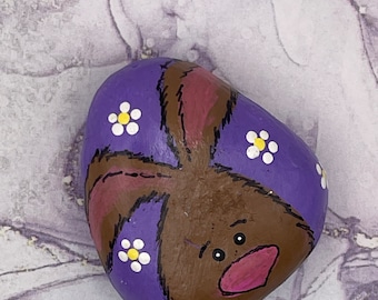 Brown Bunny on Purple with White and Yellow Flowers, Easter Decor, Spring Art, Painted Rock, Stone Painting