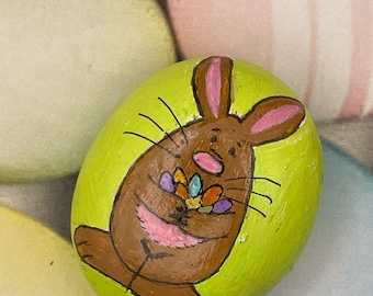 Brown Bunny Holding Easter Eggs, Happy Easter, Painted Rock, Stone Art