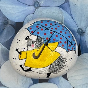 Hedgehog Wearing Raincoat and Holding Umbrella, Spring Is In the Air, Spring Painted Rock, Stone Art