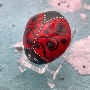 Cute Red Zipper Ladybug with Black Design, Cartoon Animal Art, Painted Rock, Stone Painting
