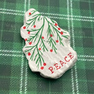 Peace on Earth Christmas Tree Branch, Holiday Pebble Art Decor, Painted Rock