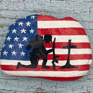 Praying Soldier Painted Rock, Patriotic Christian Decor, American Flag ...