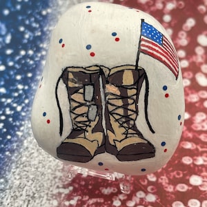 Military Combat Soldier Boots with Dog Tags and American Flag, All Gave it Some Some Gave it All, USA Patriotic Painted Rock, Fallen Soldier