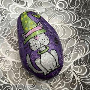 Metallic Silver Cat with Witch Hat, Halloween Decor, Hand Painted Rock, Pebble Art, Stone Painting
