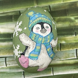 Penguin With Winter Scarf and Hat, Snow Holiday, Winter Art, Painted Rock, Stone Painting