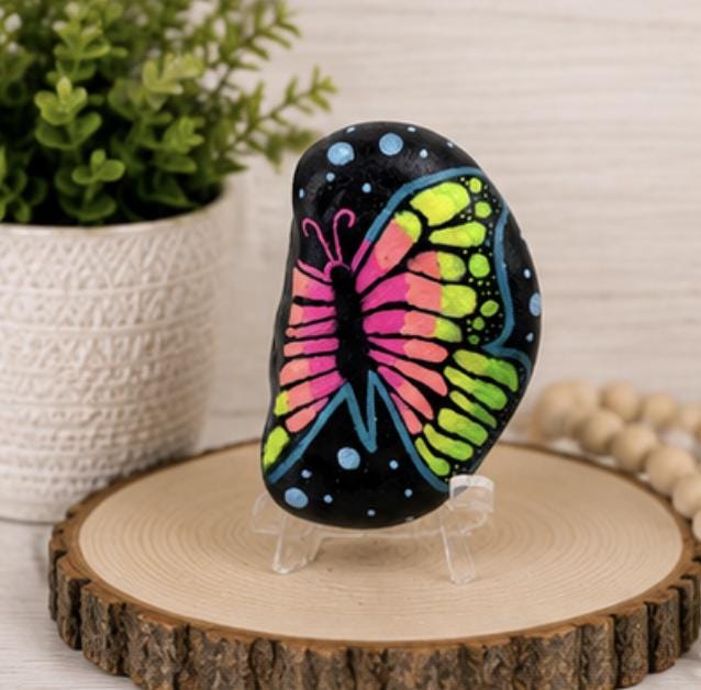 Neon Butterfly Painted Rock, Black Light Butterfly Decor, Glow UV Reactive Art, Colorful Hand Painted Stone