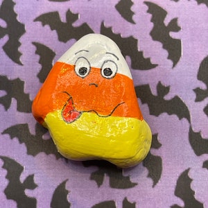 Cute Candy Corn Sticking Tongue Out, Hand Painted Rock, Fall Art, Halloween Art, Stone Painting